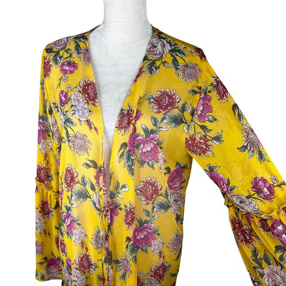 Band Of Gypsies Floral Kaftan Coverup Swim Kimono Yellow Pink Large Tie Closure - Picture 4 of 16